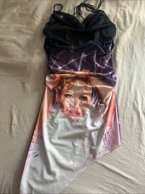 Artistic Asymmetrical Slip Dress with Portrait Print - Black, Purple, Peach